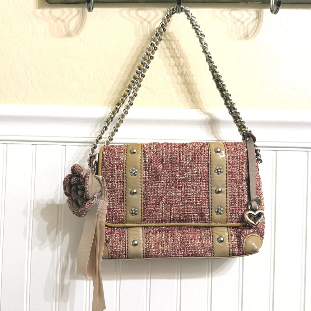Brighton Y2K Rose Heart Boucle Tweed Patent Leather Shoulder Bag,Pink Tan,11x7